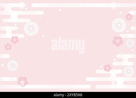 Japanese Seamless New Year’s Card Template With Vintage Cloud And Flower Patterns, Vector Illustration. Horizontally Repeatable. Stock Vector