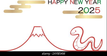 2025, Year Of The Snake, New Year’s Greeting Card Template With A Snake Mascot And Mt. Fuji. Vector Illustration. Stock Vector