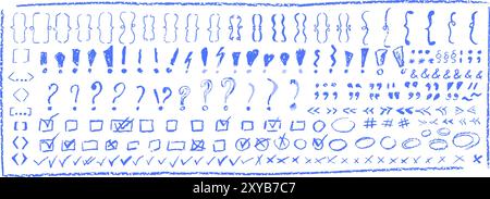 Set of children hand drawn crayon text symbols. Collection of blue color pastel symbol brackets, question, circles, exclamation etc. Vector charcoal Stock Vector