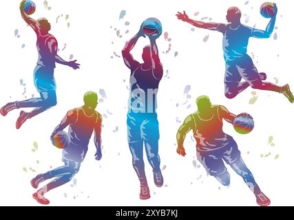 Vector Basketball Players Colorful Gradation Silhouette Illustration Set Isolated On A White Background. Stock Vector