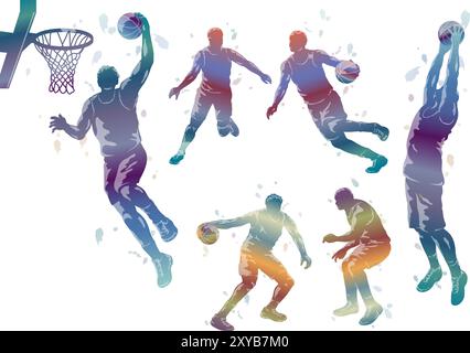 Vector Basketball Players Colorful Gradation Silhouette Illustration Set Isolated On A White Background. Stock Vector