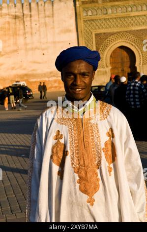 Portrait of a Gnawa man taken in Meknes, Morocco. Stock Photo