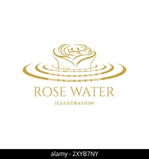 Golden Rose Flower with Pure Fresh Water Liquid Ripple Wave for Spa Yoga Wellness Icon Symbol Illustration Stock Vector