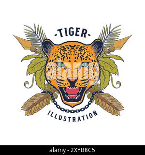 Vintage Jaguar Puma Tiger Leopard Head with Tropical Jungle Leaf for Adventure Tattoo or T Shirt Design Illustration Vector Stock Vector