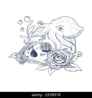 Retro Hand Drawn Human Skull Rose Sink with Octopus and Chain Sketch Tattoo Design Illustration Vector Stock Vector