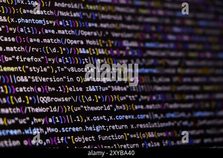 Software source code. Programming code. Programming code on computer screen. Developer working on program codes in office. Source code Stock Photo