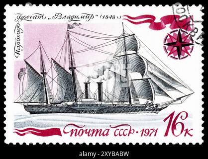 USSR, CIRCA 1971: a stamp printed by USSR, shows known old russian steamship-frigate Stock Photo