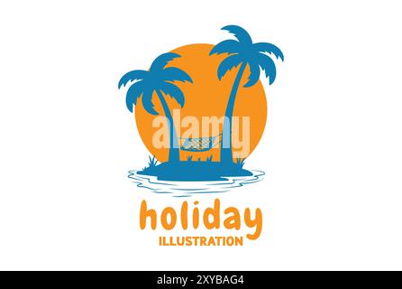 Sunset Beach Island with Palm Trees and Hammock for Tourism Travel Holiday Illustration Stock Vector