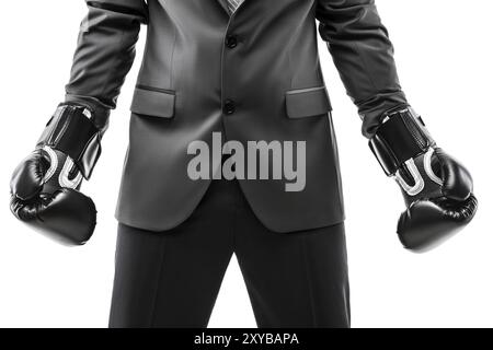 Business career and professional competition success concept, businessman boxer in black suit wearing sport boxing gloves white isolated Stock Photo