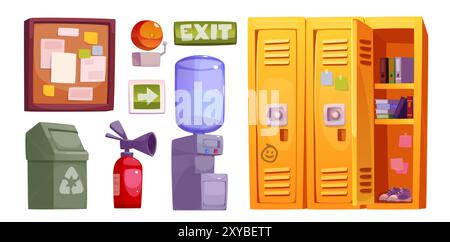 School corridor furniture and equipment - cartoon vector closed and open locker with student books and shoes, bulletin board and water bottle, fire extinguisher and trash bin, exit sign and wall bell. Stock Vector
