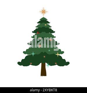 A Green Christmas Tree vector, illustration on isolated background, Vector set of cartoon Christmas trees, pines for greeting card, invitation,banner Stock Vector