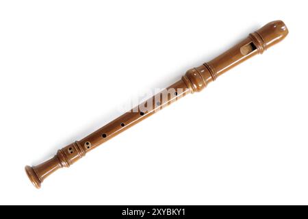 Single baroque recorder, musical instrument made ??of bright wood, isolated on white background Stock Photo