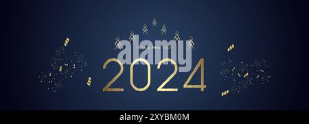 gold 2024 number with ribbons on dark gradient blue background Stock Vector