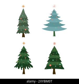 Collection of four Christmas trees in different styles. Green Christmas Trees vector illustration Stock Vector