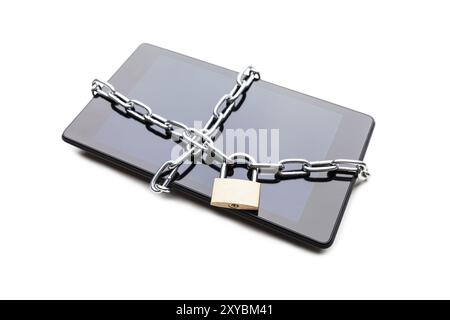 Personal data security and protection concept, metal chain link with locked padlock on smartphone or digital tablet computer white isolated Stock Photo