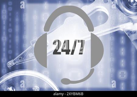 Image of an headset representing the concept of 24/7 support with an hard disk drive on the background Stock Photo