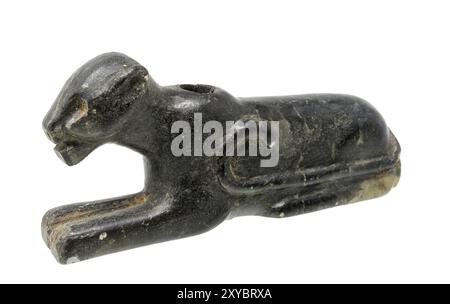 Pipe bowl in the shape of a Black panther of the North American Indians made of dark soapstone set free on white Stock Photo