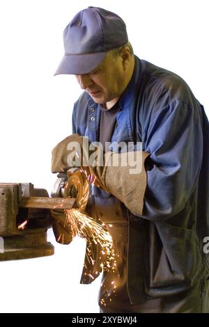 Man turner working on white background. Closeup Stock Photo