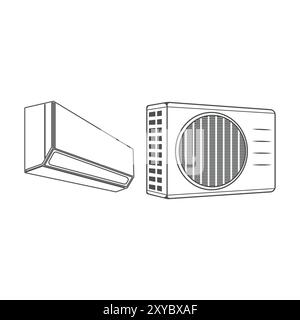 Indoor and Outdoor Units of Air Conditioner Parts, Internal and Condenser Fan Illustration Vector Stock Vector