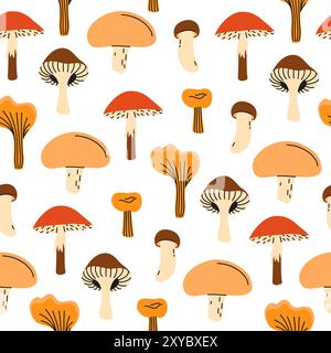 Seamless pattern with forest mushrooms. Vector illustration. Autumn harvest. Illustration in a flat style. Stock Vector