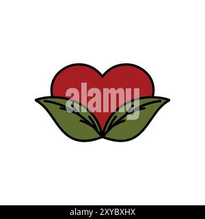 Simple Minimalist Green Leaf with Red Love Heart Symbol Icon Illustration Vector Stock Vector