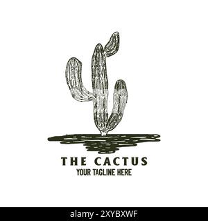 Vintage Retro Hand Drawn Sketch of Texas Desert Cactus Logo Illustration Vector Stock Vector