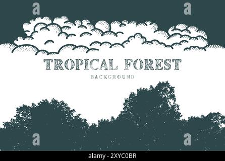 Silhouette of Tropical Jungle Forest and Cloud Rain Sky Background Design. Vector Illustration Stock Vector