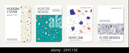 Note book cover design. Terrazzo abstract background made of natural stones, granite, quartz and marble. Venetian terrazzo texture note book template. Stock Vector