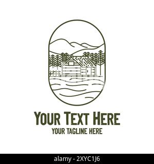 Hipster Mountain Cabin Cottage Chalet with Pine Conifer Evergreen Spruce Fir Larch Forest Logo Design Stock Vector