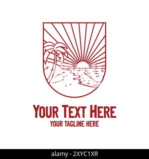 Hipster Sunset Beach with Palm Coconut Tree Badge Emblem Line Style Logo Design Vector Stock Vector