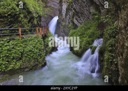 Waterfalls in Unterwasser, Toggenburg valley. Spring scene in the Swiss Alps. Thurfaelle Stock Photo