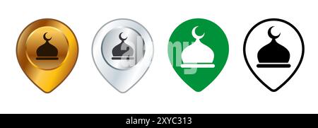 Mosque location map pin symbol icon of masjid praying building in Islam isolated location set collection pointer marker Stock Vector