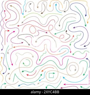 Colorful abstract lines, curvy lines with different angles, curved arrows lines. Stock Vector