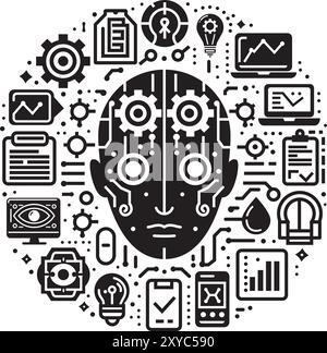Information Communication Technology icon design. Black and white vector. Stock Vector