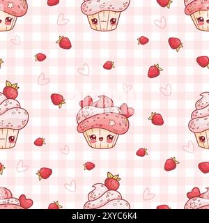 Seamless pattern with cute cream cupcake with strawberries on pink white checkered background with berries. Funny sweet dessert cake kawaii character. Stock Vector
