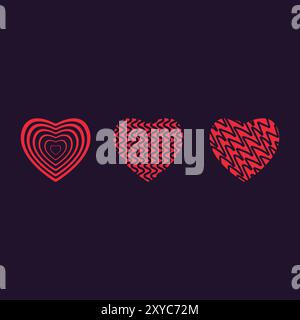 Groups of three pink hearts vector on dark background for valentines, Love anniversary concept, hearts elements, objects, symbols, Heart UI, UX and us Stock Vector