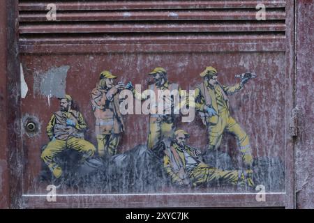 Sight, street art, graffiti, stencil, stencil, construction worker, artist unknown, Vila Nova de Gaia, Porto district, Portugal, Europe Stock Photo