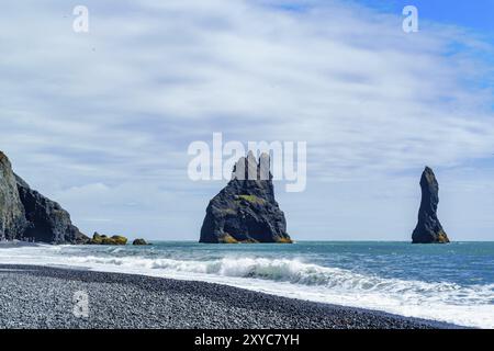 View of Famous Reynisdrangar rock formations at the Back Beach near the Village of Vik in Iceland Stock Photo