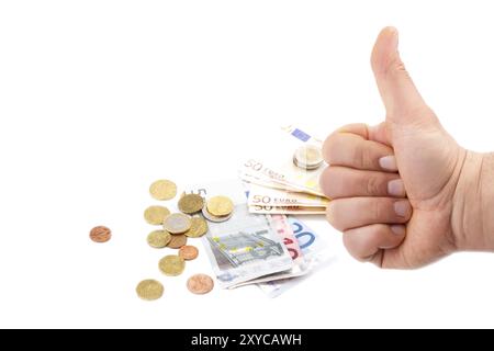 Man's hand with thumb up and money isolaten on white Stock Photo