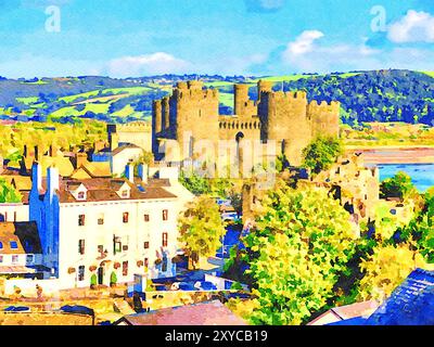 Conwy, North Wales - The castle and town, viewed from the town walls, on a fine autumn day, watercolour. Stock Photo