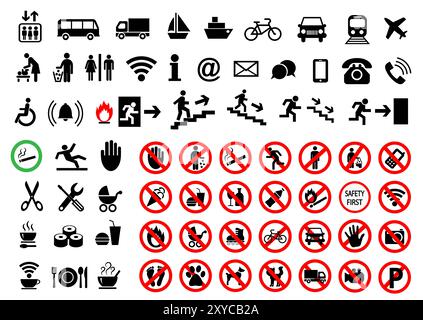 Public icon set and set of prohibition signs Stock Vector