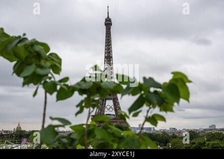 PARIS, FRANCE-26 July 2024: A general view of the Eiffel Tower ahead of the opening ceremony of the Paris 2024 Olympic Games in Paris Stock Photo