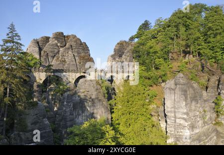 Sandstone formations on the bastion, in Saxon Switzerland. Bastion bridge Stock Photo