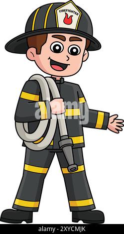 Firefighter Carrying a Fire Hose Cartoon Clipart Stock Vector