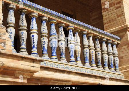 Detail of a balcony decorated with azulejos at Palacio Espanol in Plaza De Espana, Seville Stock Photo