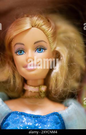 Close-up of a Barbie Doll Face with Blonde Hair Stock Photo