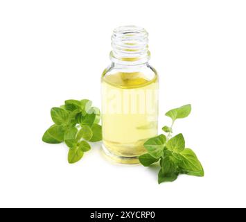 Essential oil in bottle and oregano leaves isolated on white Stock Photo