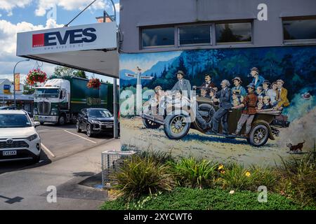 Open air art - one of the many murals in Katikati, known as the mural town of New Zealand. Overload by Peter Nicholson. Stock Photo