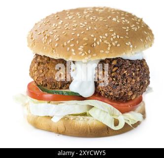 Falafel Burger isolated on white background (close-up shot, selective focus) Stock Photo