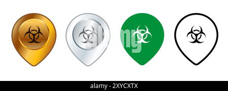 Biohazard pandemic epidemic dangerous sign place mark map location warning address high risk zone design set collection pointer Stock Vector